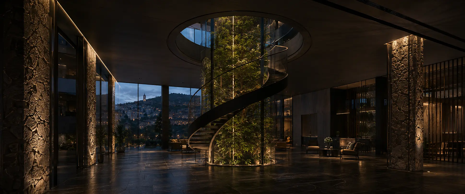 Artist interpretation of the Obsidian Crown private atrium, sealed bio-tower and helix stair.