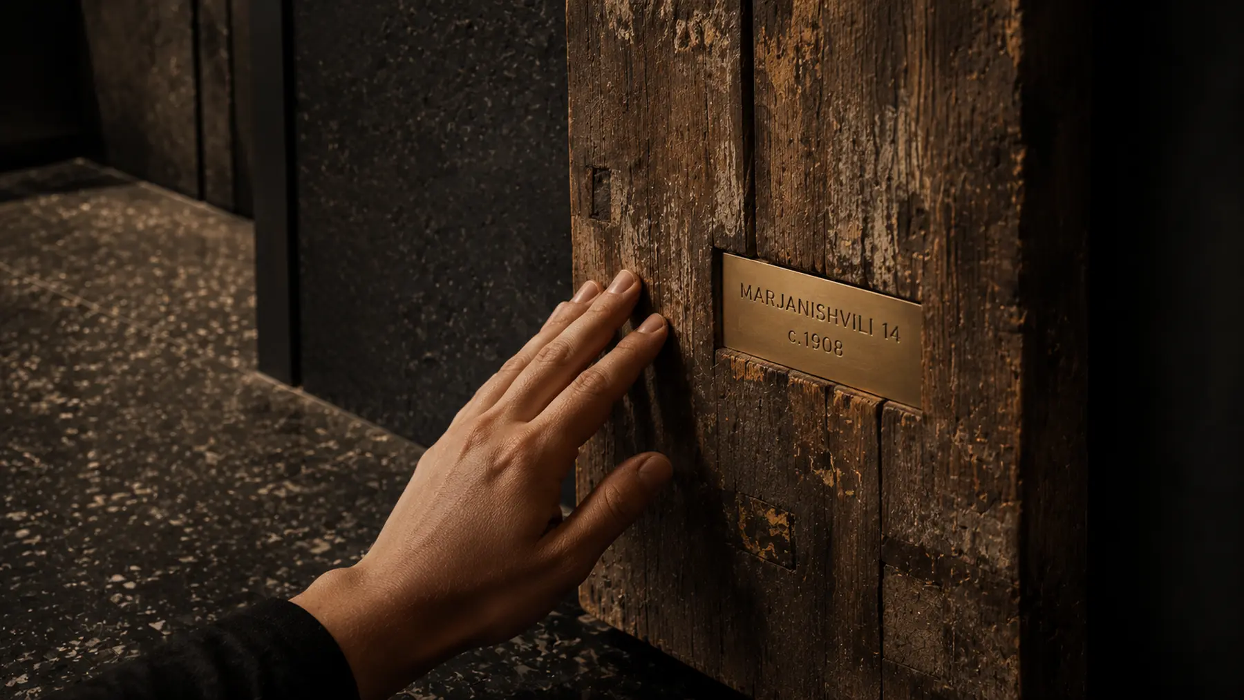 Artist impression of a hand touching a reclaimed Tbilisi timber with a provenance plate.