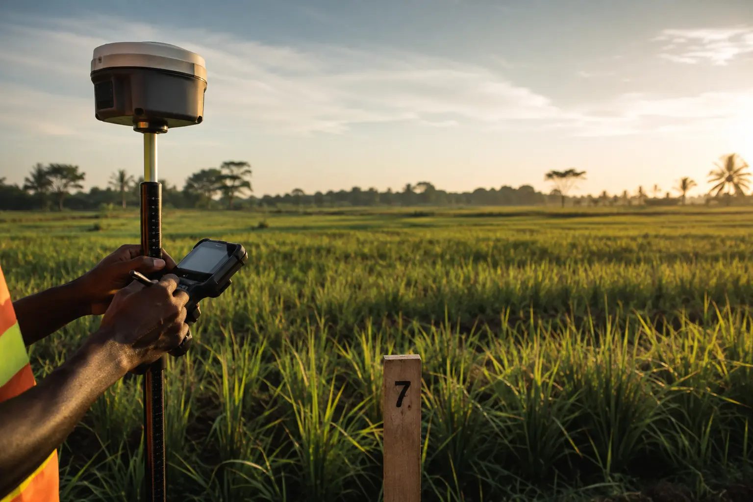 Brand editorial image illustrating agricultural parcel surveying.