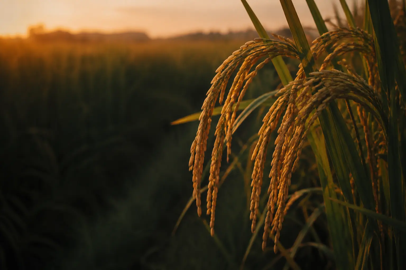 Brand editorial close-up of mature rice in warm evening light.